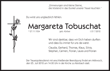 Traueranzeige von Margareta Tobuschat von Pegnitz-Zeitung